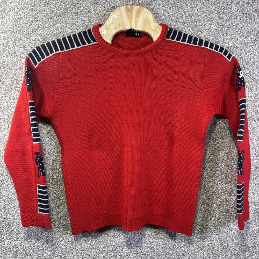 Demetre Sweater Mens Medium Red Wool Crewneck Knit Pullover Graphic Print